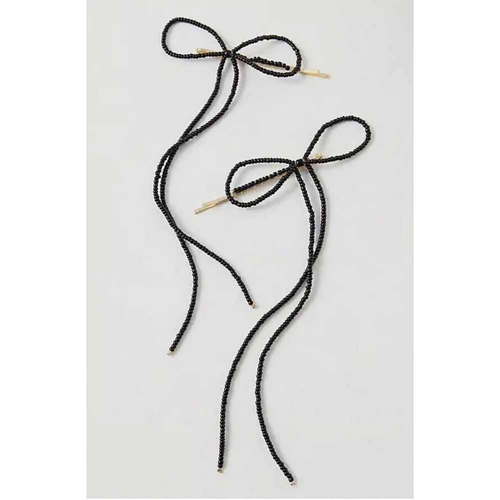 Free People Beaded Bow Hair Pins Women OS Black Like New Coquette Accessory